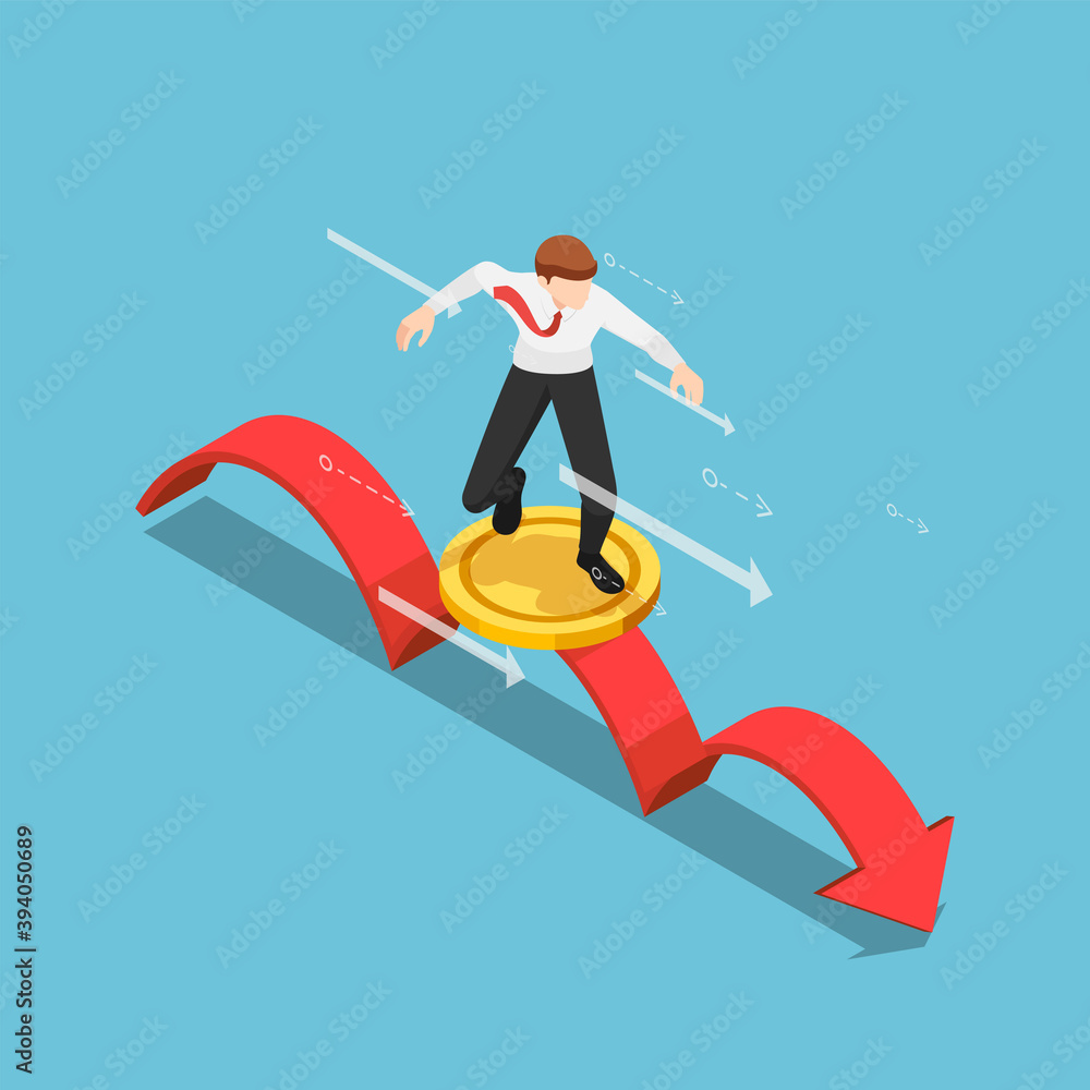 Flat 3d Isometric Businessman using Golden Coin as a Surfboard Surfing on Red Arrow