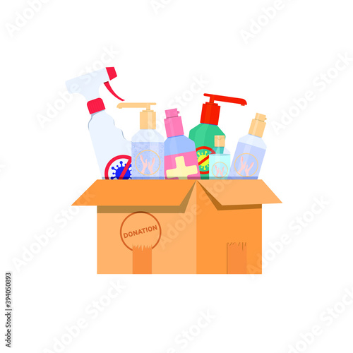 Donation box, hygiene products, antiseptic, disinfectant spray. Vector illustration, flat cartoon multicolored design, isolated on white background, eps 10.