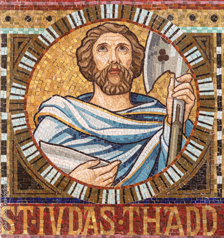 VIENNA, AUSTIRA - OCTOBER 22, 2020: The detail of apostle St. Jude Thaddeus from mosaic of Immaculate Conception in church Pfarrkirche Kaisermühlen.