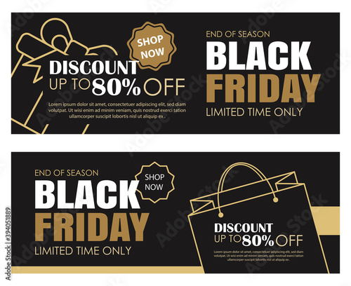 Black friday sale ads banner gold and black color background template. Use for cover, card, flyer, coupon, voucher, poster and all media.