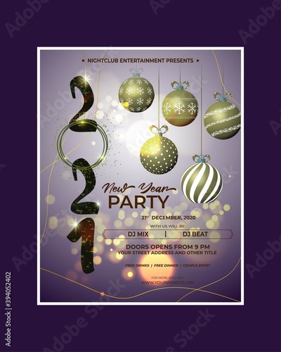 Vector illustration of New Year 2021 party invitation poster with beautiful bokeh background, New year DJ party poster , flyer, big party, free drinks & food, dj night, disco night