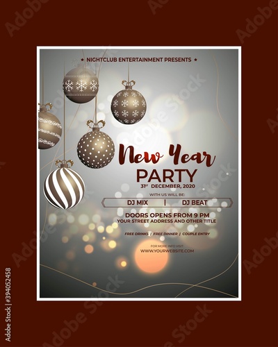 Vector illustration of New Year 2021 party invitation poster with beautiful bokeh background, New year DJ party poster , flyer, big party, free drinks & food, dj night, disco night