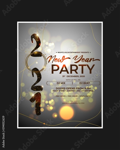 Vector illustration of New Year 2021 party invitation poster with beautiful bokeh background, New year DJ party poster , flyer, big party, free drinks & food, dj night, disco night