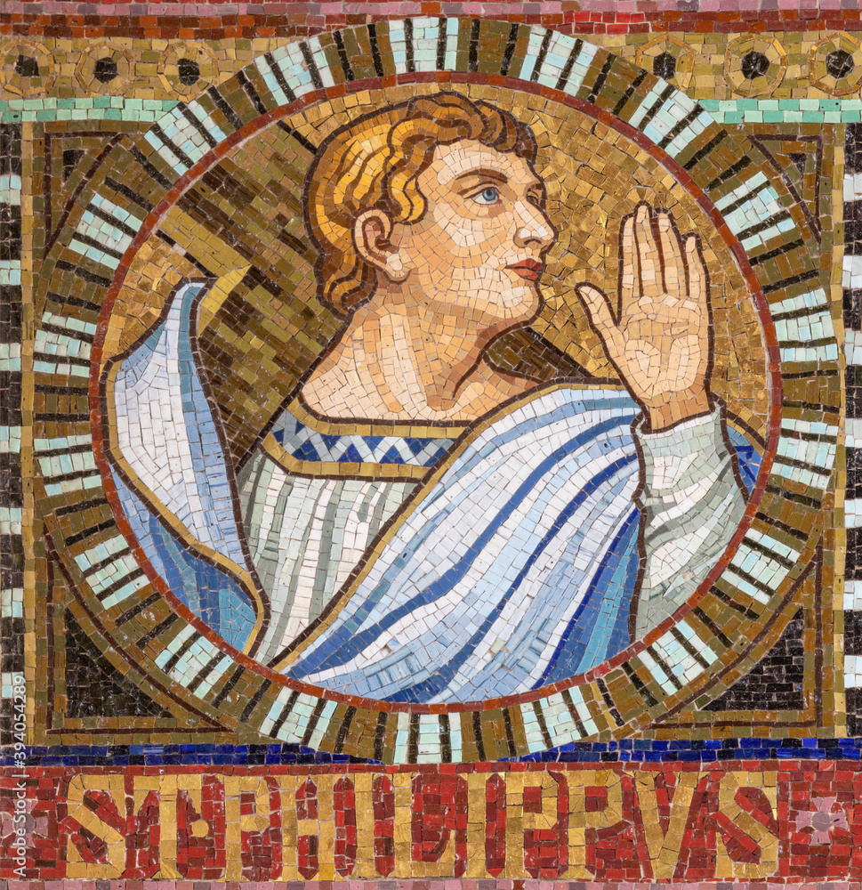 VIENNA, AUSTIRA - OCTOBER 22, 2020: The detail of apostle from mosaic of apostle St. Philip in church Pfarrkirche Kaisermühlen.