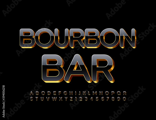 Vector luxury logo Bourbon Bar. Black and Gold elite Font. 3D shiny Alphabet Letters and Numbers set