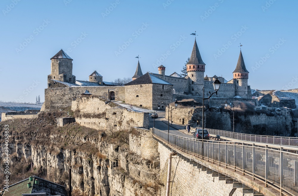 Kamianets-Podilskyi fortress on a sunny winter morning