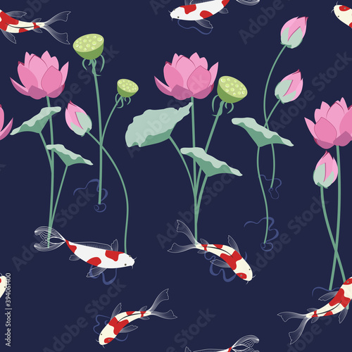 Seamless colorful vector illustration with carp and lotus on dark violet background.