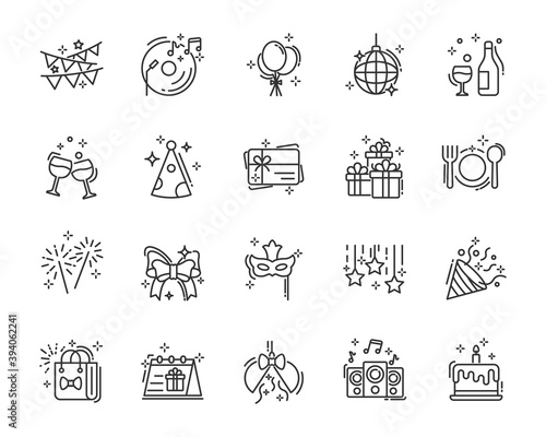 set of celebration thin line icons, party, birthday, new year