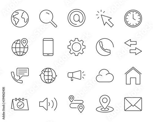 set of communication thin line icons, contact, address, web