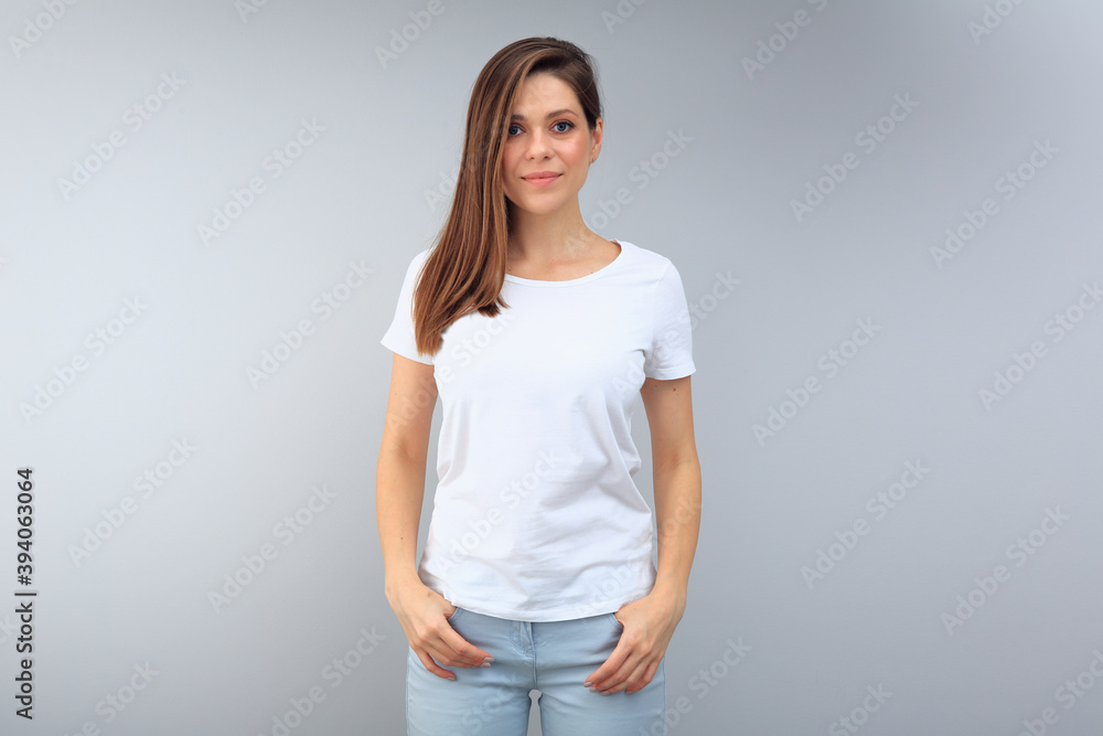  portrait of smiling woman in casual white shirt.