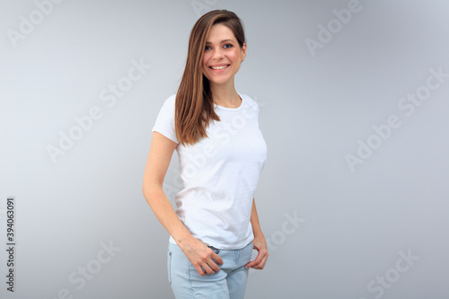  portrait of smiling woman in casual white shirt.