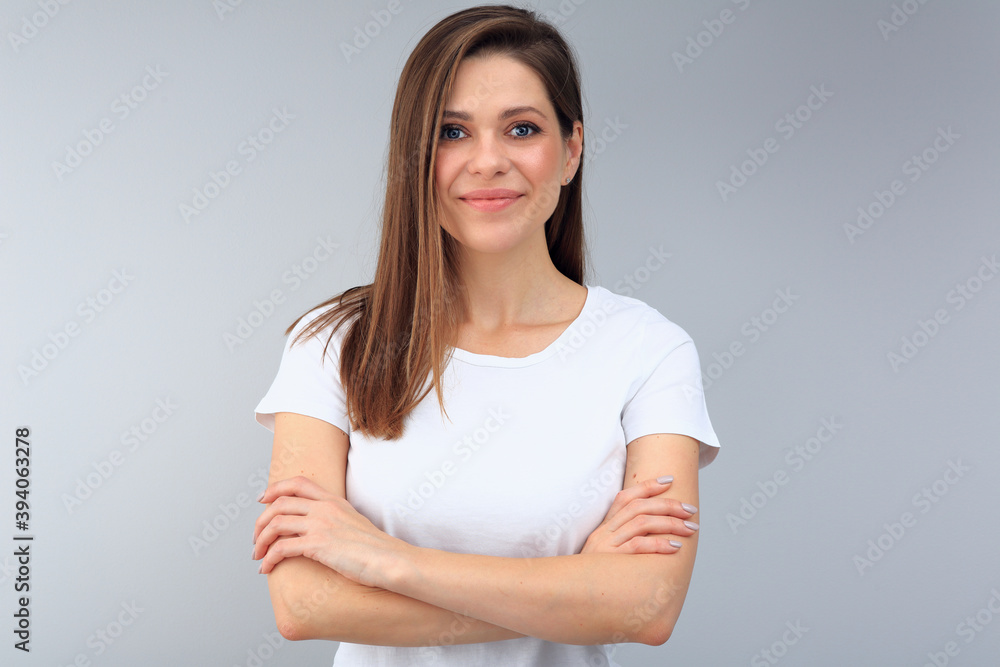 Moder business woman with big smile standing with crossed arms. Moder business woman with big smile standing with crossed arms.