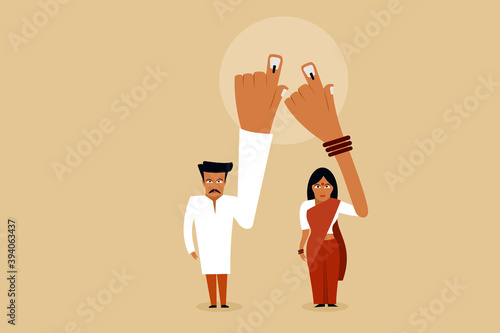 Illustration of a traditionally dressed Indian man and woman showing their hands with electoral stain after casting vote