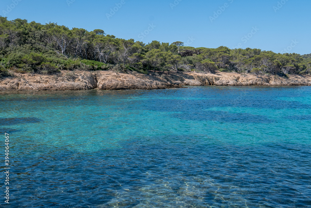Fototapeta premium Discovery of the island of Porquerolles in summer. Deserted beaches and pine trees in this landscape of the French Riviera