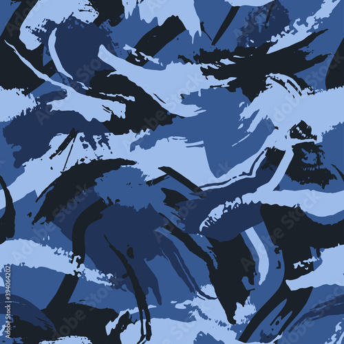 Urban camouflage, modern fashion design. Grunge texture with dry brush strokes for plaid, cloth, shirt. Blue sea shade color, fashionable, fabric. Vector seamless camo pattern.