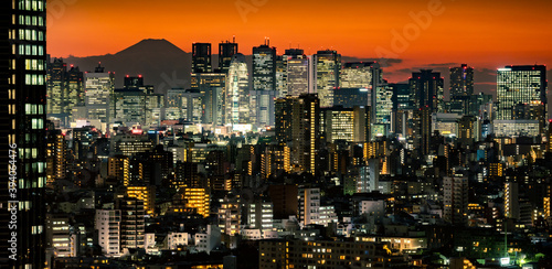 Photography Aerial view of Tokyo city skyscraaper with Fuji mountain in the background, Japa