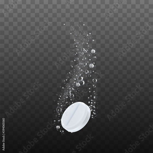 Effervescent Soluble Tablet Pill In Water Vector. Pharmacy Painkilling Tablet Fizzy Antacid Bubbles Effect. Healthcare Medical Pharmaceutical Treatment Template Realistic 3d Illustration photo