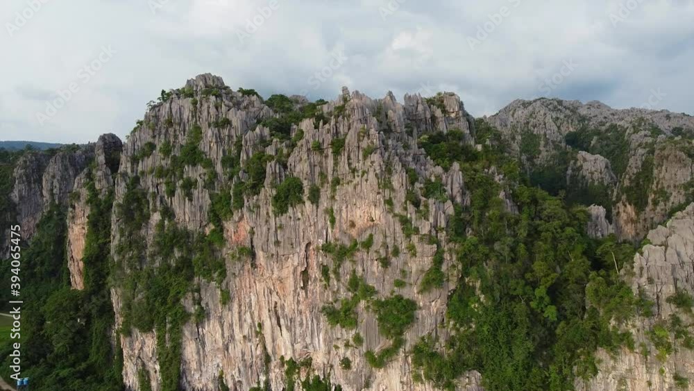 Aerial view of Limestone mountains in in Ban mung, Noen Maprang district, Phitsanulok, Thailand by drone