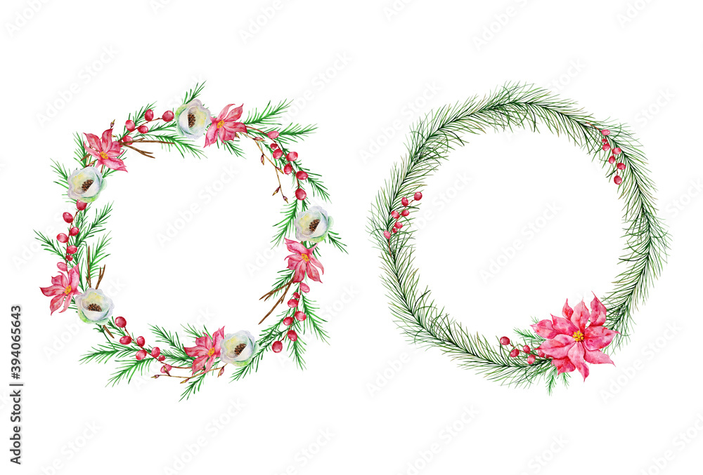 Two Christmas wreaths with a Christmas tree, with winter red and white flowers Two Christmas wreaths with a Christmas tree, with winter red and white flowers