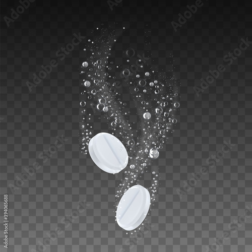 Effervescent Solubling Pills Medical Treat Vector. Headache Painkiller Drug Tablets With Bubbles Trace Solubling In Water. Healthy Medicine Paracetamol Drink Dose Layout Realistic 3d Illustration