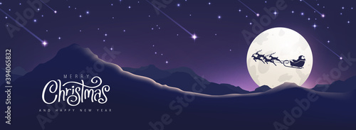 Christmas and new year winter landscape with Santa sleigh silhouette at moon