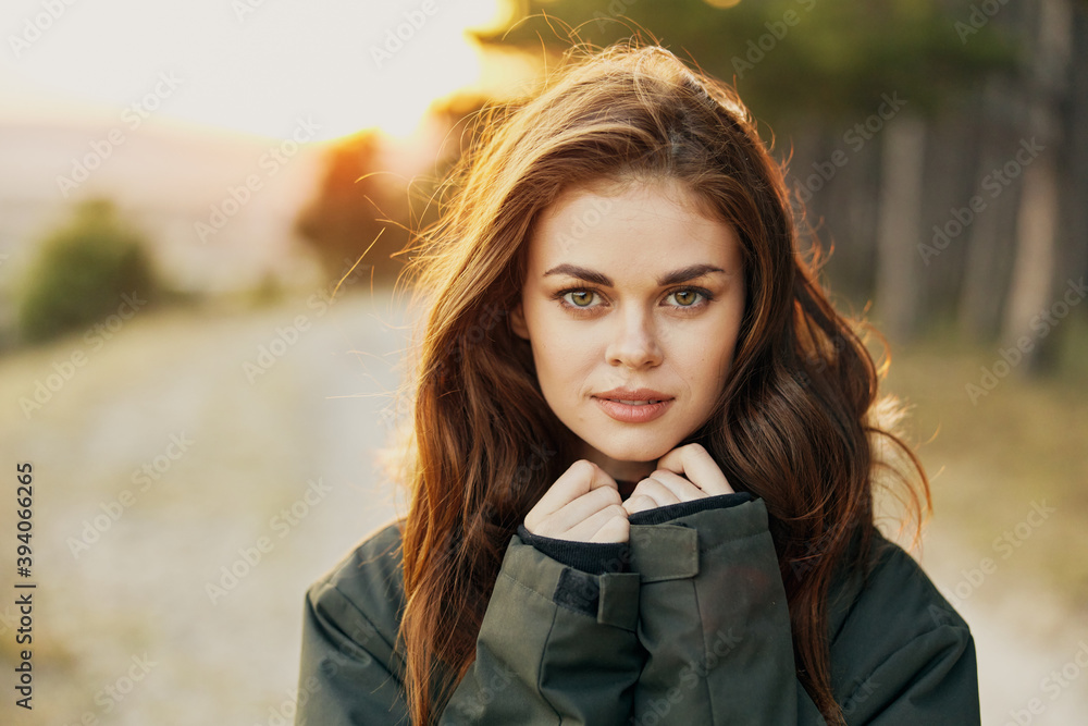 woman warm jackets attractive look close-up outdoors nature