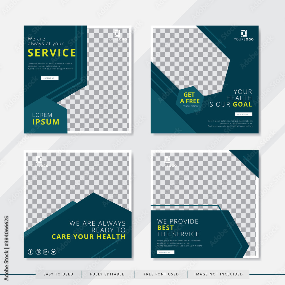 Set modern square editable banner template health clinics. Minimalist design. Suitable for social media post and web. Vector illustration with photo college.