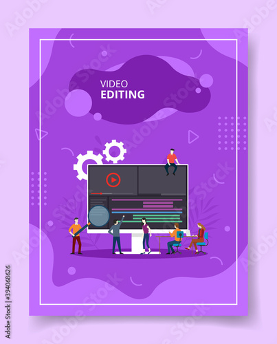 video editing people coworking on computer for template of banners, flyer, books cover, magazines with liquid shape style