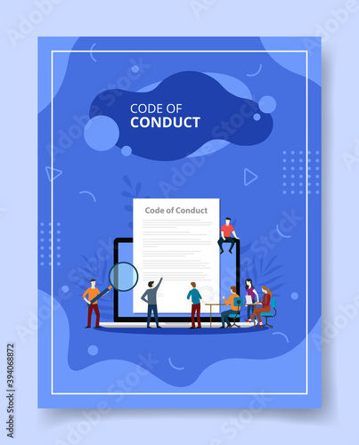 code of conduct people standing sitting front big laptop for template of banners, flyer, books cover, magazines with liquid shape style