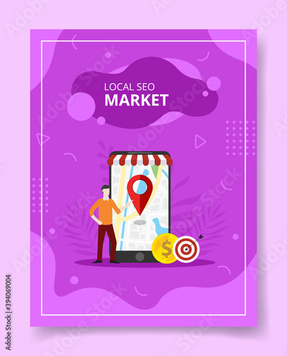 local seo market men stand front giant smartphone pointer location on display for template of banners, flyer, books cover, magazines with liquid shape style