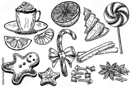 Christmas sweets set, hand drawing sketch illustration. Tangerines, cookies, sweets, spices. Vector Collection of sketch object. Vector illustration of sweets set. Vintage hand drawn engraving style.