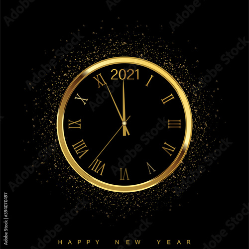 Gold shiny New Year transparent banner with blurred round clock. Vector