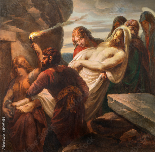 VIENNA, AUSTIRA - OCTOBER 22, 2020: The painting burial of Jesus in church St. Johann der Evangelist by Karl Geiger (1876).