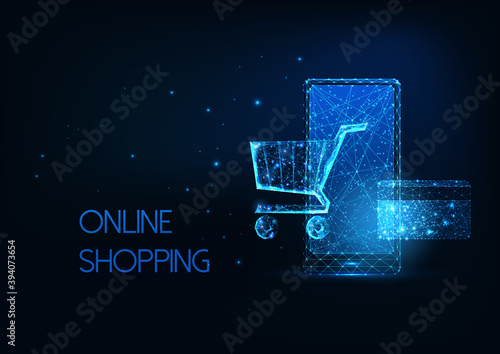 Futuristic online shopping, e-commerce concept with glowing smartphone, shopping cart, credit card