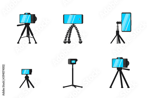 Tripod and monopod for smartphone and camera set. Blogger selfie online streaming video professional stable photo devices. Videographer and photographer stand equipment vector isolated illustration