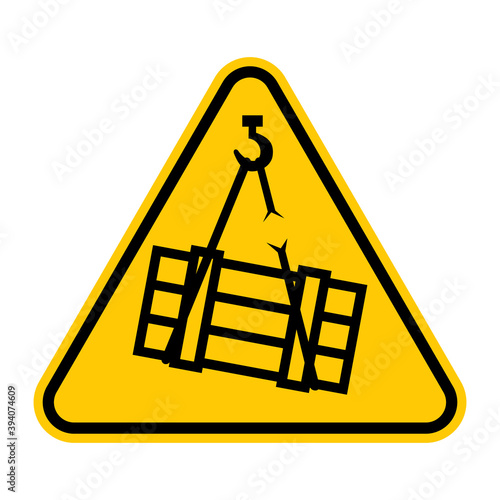 Suspended load warning sign. Vector illustration of yellow triangle sign with overhead load icon inside. Caution dangerous cargo symbol isolated on background. Symbol used in warehouse.