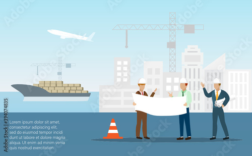 Transportation engineer, foreman team holding blueprints discussing sea freight shipment loading at dock. Global logistic network distribution and import export business concept.