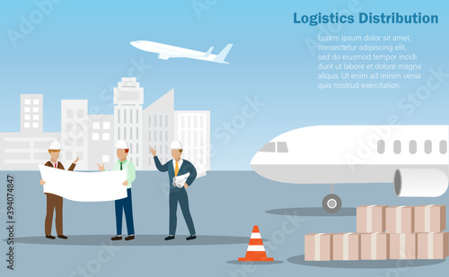 Transportation engineer, foreman team holding blueprints discussing shipment loading at airport. Global logistic network distribution and import export business concept.