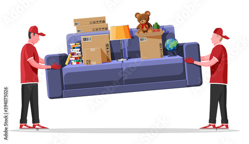Delivery character man movers carry sofa with household items. Porters carry couch isolated. Moving company with loaders and furniture. Delivery relocation service. Flat vector illustration