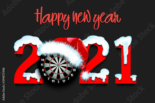 Snowy New Year numbers 2021 and dartboard in a Christmas hat on an isolated background. Creative design pattern for greeting card, banner, poster, flyer, party invitation. Vector illustration