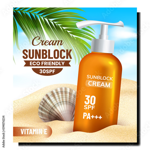 Sunblock Eco Cream Creative Promo Banner Vector. Sunblock Skin Protective Lotion Blank Container With Pump Cap And Shell On Beach Sand Advertising Poster. Style Color Concept Template Illustration