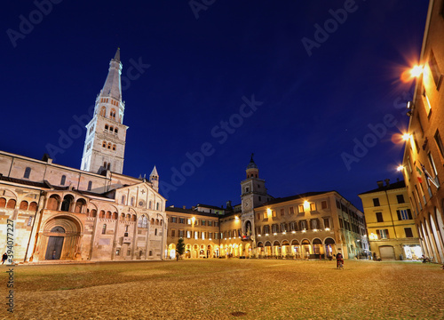 Modena, night view of Piazza Grande, Modena city, Duomo and Ghirlandina tower, Unesco world heritage site