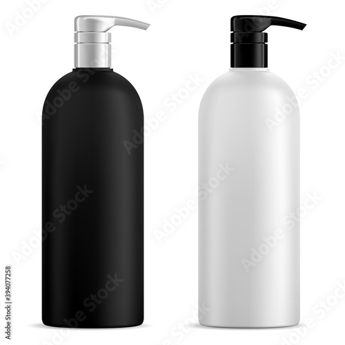 Pump bottle. Cosmetic dispenser for shampoo, gel, vector mockup. Black and white liquid soap container set. Realistic pet tube mock up for moisturizer or disinfectant. Beauty bath pack