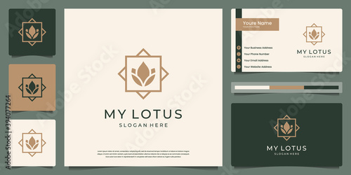 Minimalist beauty lotus flower with frame luxury logo and business card design