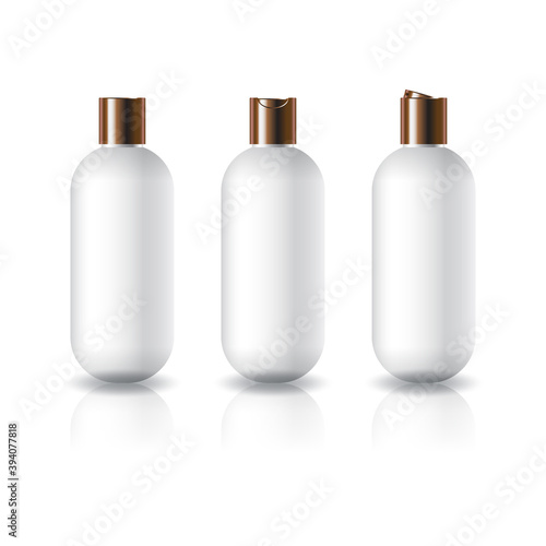 3 cap styles copper color white oval round cosmetic bottle for beauty product mockup template.