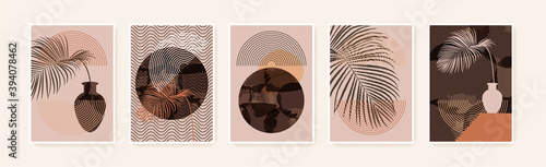 Set of Bohemian aesthetic home decor wallpapers. Neutral color abstract geometric artistic prints. Minimalist terracotta posters. Brown beige hues. Terra wall art. Tropical leaf vector illustration