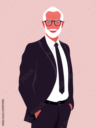 An elderly bearded man holds his hands in his pants pockets. A stylish businessman. An experienced politician smiles. Vector flat illustration