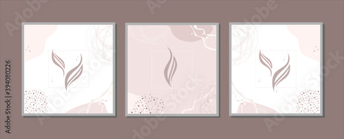 abstract paintings, triptych in restrained craft, beige tones, leaves, feathers
