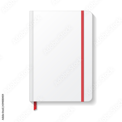 Blank white notebook with red elastic and ribbon bookmark mockup template.