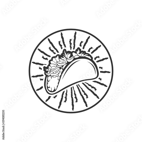 Stylized hot, freshly made Mexican tacos logo template, vector illustration isolated on white background. Creative two-colored hot and spicy, Mexican taco logotype template, street food icon